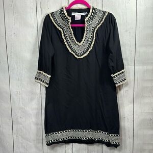 Gretchen Scott Black Embroidered Tunic Dress Boho Resort Preppy Coastal Vacation